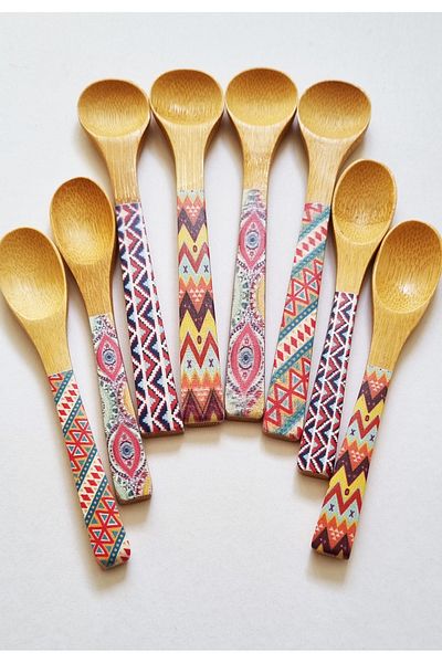 Modellino 8-Piece Bamboo Patterned Round Spoon - Oval Mouth, Sweet, 13-16cm