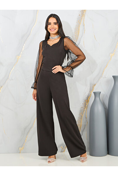 Styli Dobby Mesh Sleeves Blouse and Tailored Pant Set