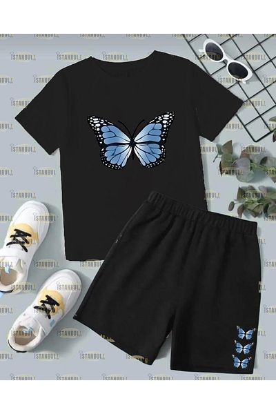 aynewmoda Комплект тениска и шорти с щампа на синя пеперуда