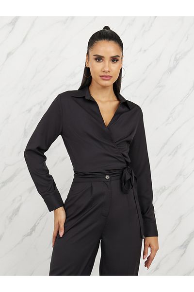Styli Collared Wrap Top and Wide Leg Pant Set