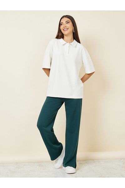 Styli Textured Back Slogan Print Polo T-shirt and Straight Leg Jogger Set