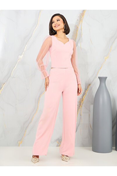 Styli Dobby Mesh Sleeves Blouse and Tailored Pant Set