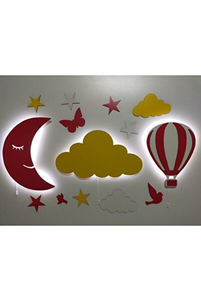 fabrikahşap Dekoratif Ahşap Ay Bulut Balon Gece Lambası Ledli 3 Lü Set