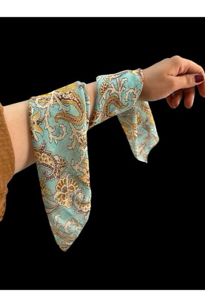MAZEN Patterned Turquoise Chiffon Scarf 45X45 Hair, Bag, Wrist, Neck Accessory