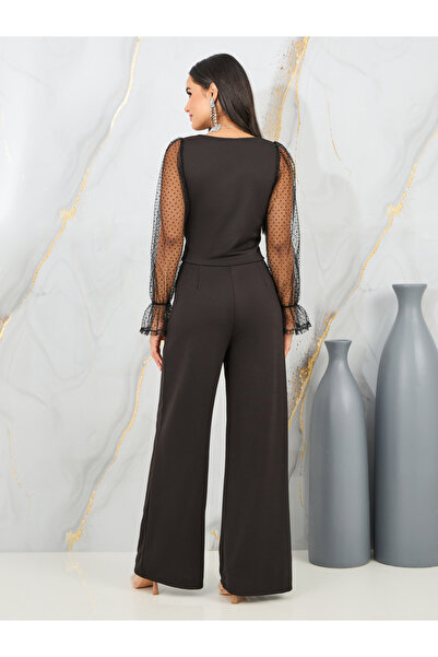 Styli Dobby Mesh Sleeves Blouse and Tailored Pant Set