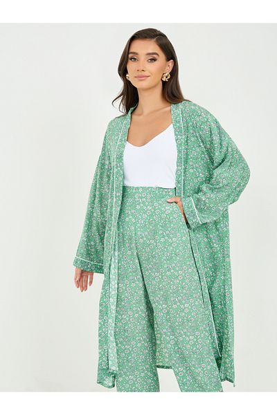 Styli Ditsy Floral Print Midi Kimono and Wide Leg Pant Set
