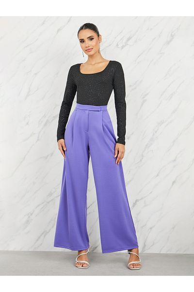 Styli Spot Print Ribbed Bodysuit and Tailored Knit Wide Leg Pant Set