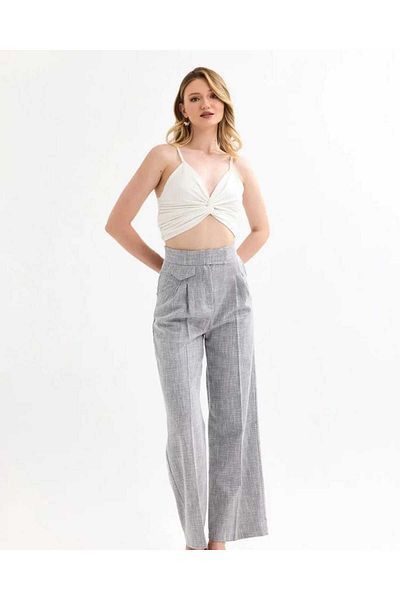 ubmbutik High Waist Linen Women's Trousers - Velcro Palazzo Cut