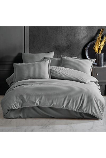 DENİZLİ ÇEYİZ Clasy Double Striped Satin Duvet Cover Set Gray