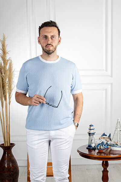 Sarar Тонкий трикотажний синій футболка - 0 комір, комбінований віскозний сар