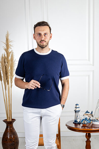 Sarar Navy Blue Thin Knitwear T-Shirt - 0 Collar, Combination Rayon Wraps