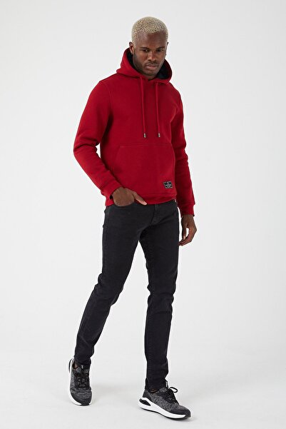 Içi Şardonlu Regular Fit Standard Kesim Kanguru Cepli Basic Kapüşonlu Sweatshirt Bordo