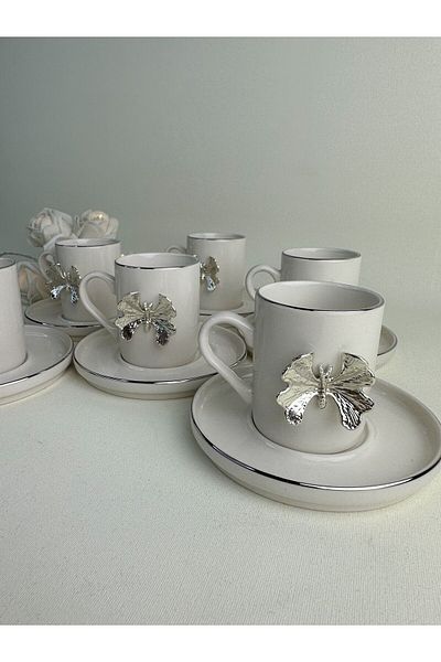 WERONY BUTTERFLY FIGURED PLATINUM STAR PORCELAIN 6 PERSON COFFEE SET