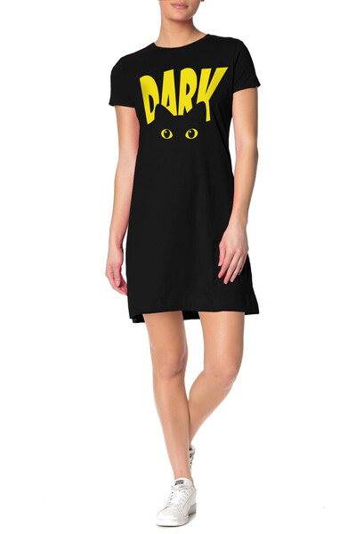 ROCKANDROLL Rochie tricou de damă din bumbac pieptănat negru - imprimeu pisic...