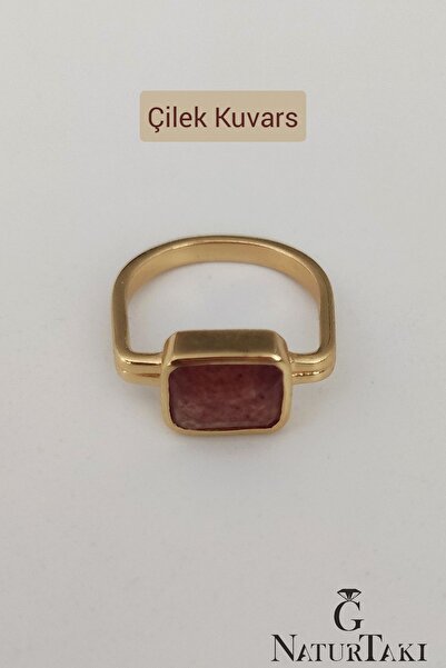 Naturtakı Çilek Kuvars Kırmızı Doğaltaşlı Altın Kaplama Gümüş Kadın Yüzük Mod...