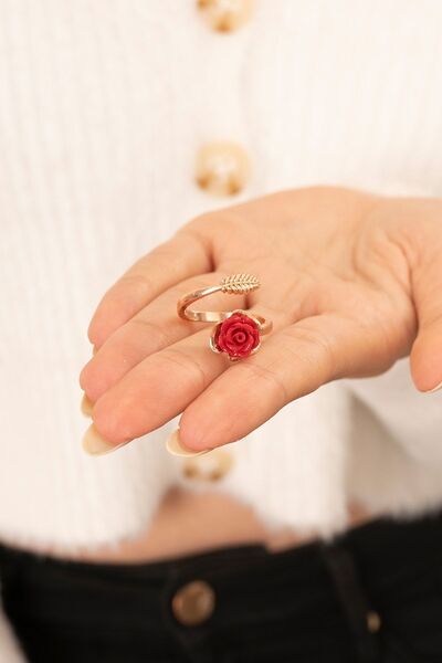 Eva Jewelry Kırmızı Gül Taşlı Ayarlanabilir 14 K Rose Gold Kaplama Kadın Yüzük