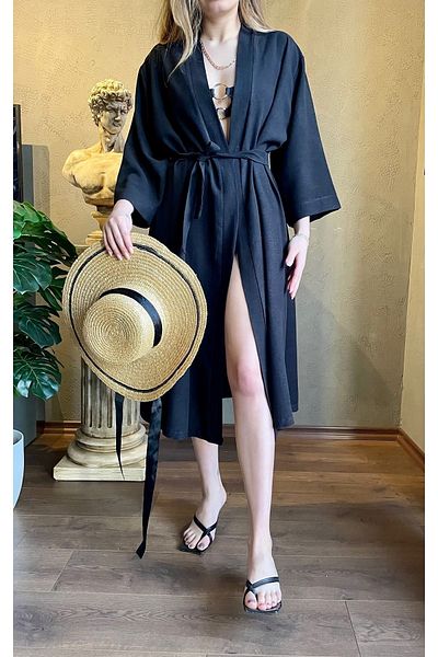Pina Λινό Μαύρο Φόρεμα Παραλίας Κιμονό