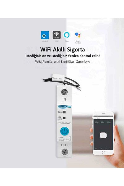 TOMZN مرحل حماية الجهد والتيار الذكي WiFi، مقياس الطاقة الداخلي 63A متوافق مع eWelink - قطب واحد