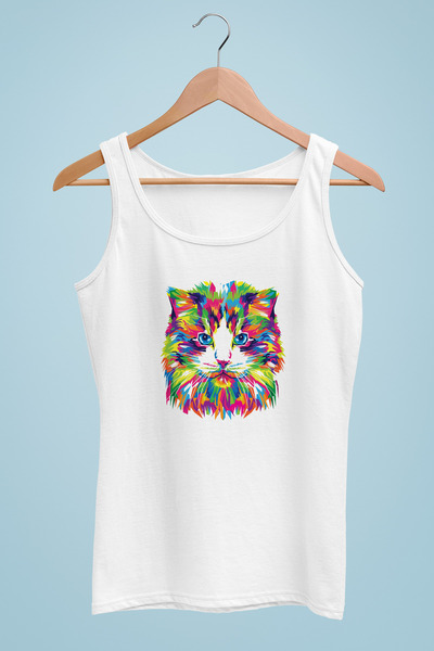 Raf Coll Γυναικείο μπλουζάκι με λουράκι Πολύχρωμο σχέδιο γάτας Ψηφιακή εκτύπωση 100% βαμβάκι