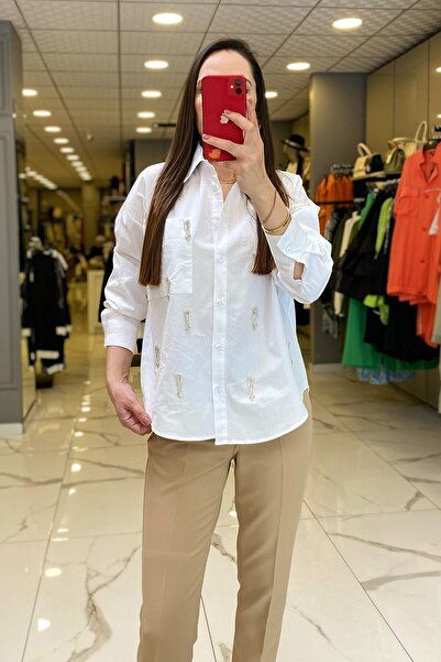 Vosse On Fashıon Beyaz Taş İşlemeli Düğme Ve Cep Detaylı Gömlek