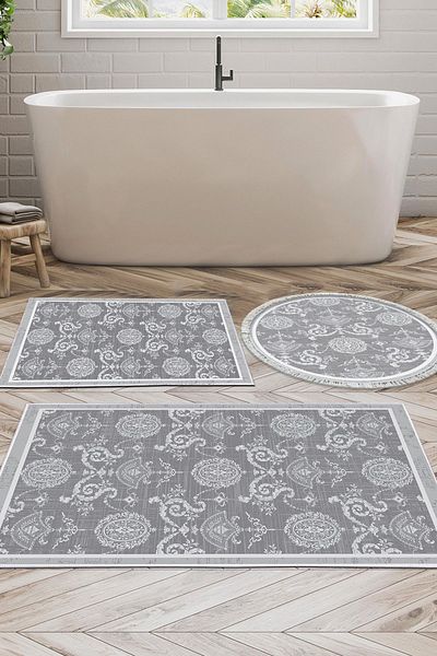 Dekoreko Digital 3-Piece Bath Mat Set Trend Felt Non-Slip Base Mixed Round Modern Queta Gray