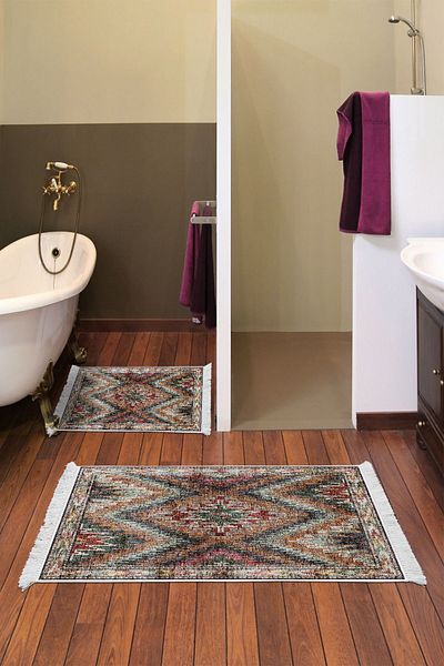Dekoreko Digital 2-Piece Bath Mat Set Trend Felt Non-Slip Base Fringed Scandinavian Olwen Colorful
