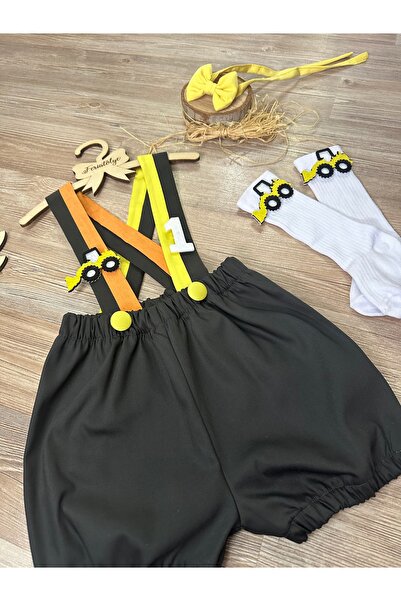 Feriatolye İş makınası konsepti Füme renk erkek bebek salopet papyon çorap seti