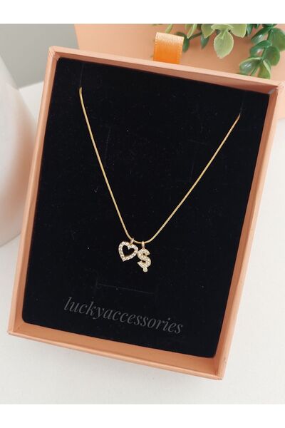 LUCKY ACCESSORIES Çelik Zirkon Taşlı Harf ve kalp Kolye Ş Harfi