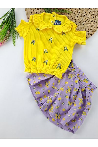 nazarbebe Purple Yellow Floral Embroidered Woven Shorts and T-Shirt Set for Girls