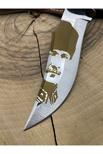 göcen Kurt Başlı Logo İşlemeli Kişiselleştirilebilir Kamp ve Doğa Bıçağı Bowie Bıçak Deri Kılıflı