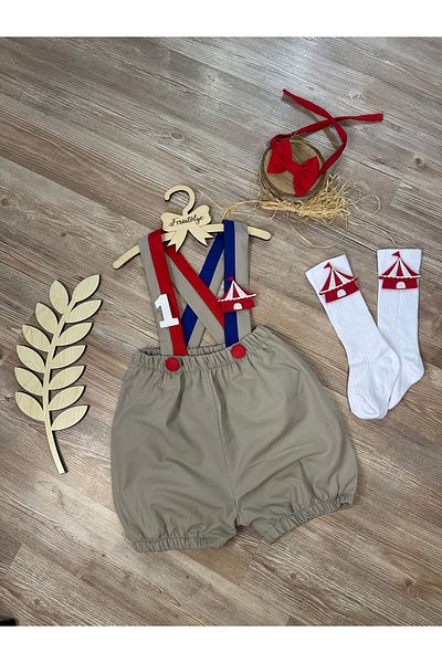 Feriatolye Beige Circus Concept Baby Boy Bow Tie Salopet and Socks Set