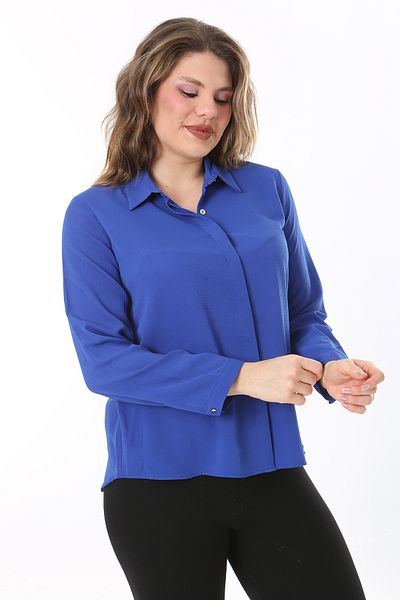Şans Plus Size Saks Blouse - Hidden Placket and Front Button Detail 65N38019