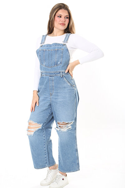 Şans Plus Size Blue Ripped Denim Salopet - 65N38011