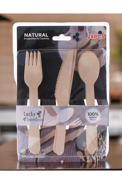 SEYFİKİRTASİYE 24 Pieces Bamboo Spoon Fork Bias Set - Picnic Party Fork Bias Spoon Set