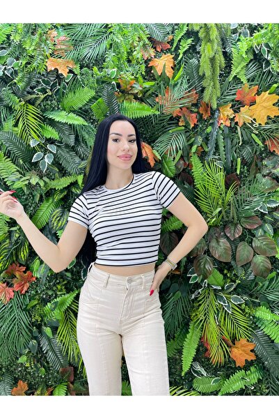 PALPİTO Λευκή ριγέ γυναικεία Crop Camisole Μπλούζα