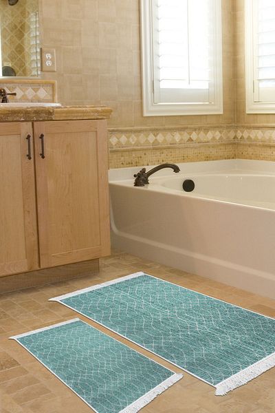Dekoreko Digital 2-Piece Bathroom Set Trend Felt Non-Slip Base Fringed Scandinavian Celestine Turquoise