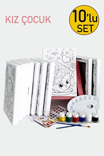 10'lu Kız Çocuk Ressam Seti - 10 Ad. 20 x 30 cm Önçizimli Tuval, 2 Ad. Fırça, Palet, Boya & Şövale