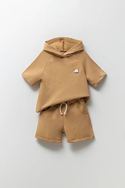 Minytrendy Erkek Bebek Oversize Kapüşonlu Kısa Kollu Tişört Ve Şort 2'li Takı...