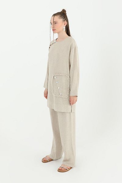 Puane Linen Set - Trousers with Seashell and Pocket Detail and Elastic Waist 14212
