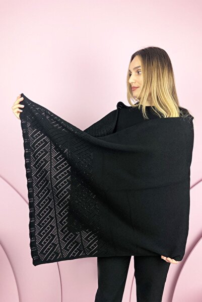 marca.sev Kadın Anne Yün Triko Zikzak Etnik Desen Kışlık Siyah Kalın Omuz Şalı 104