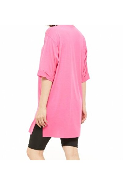 ZY BUTİK Fuchsia Oversize Short Sleeve Side Slit Tunic T-Shirt