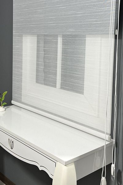 AlpiNaz Modern Striped White Tulle & Matte Gray Roller - Cuts 90 % Light, Double System