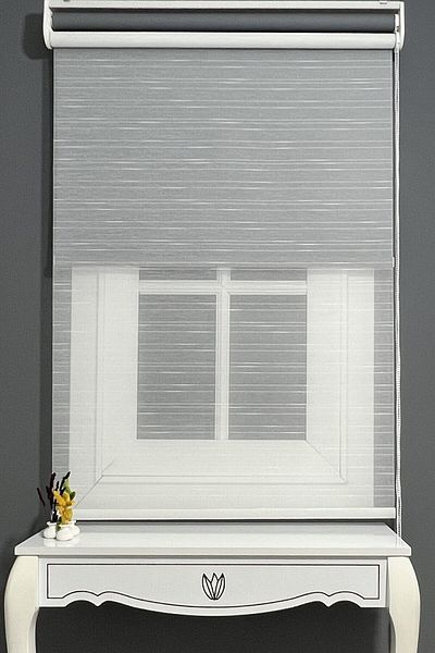 AlpiNaz Modern Striped White Tulle & Matte Gray Roller - Cuts 90 % Light, Double System