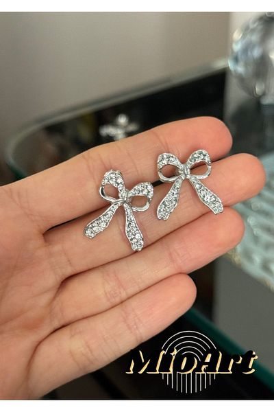MioArt Women's Mini Trend Ribbon Bow 2 Cm Silver Earrings