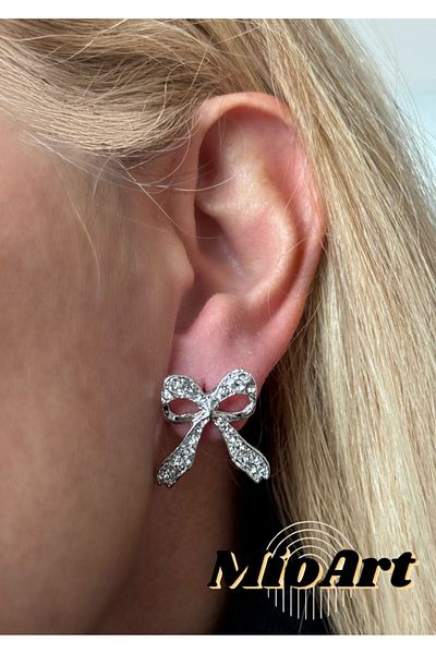 MioArt Women's Mini Trend Ribbon Bow 2 Cm Silver Earrings