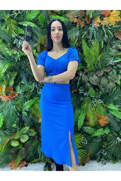 PALPİTO Saks Blue Women's Crop Midi Skirt Set
