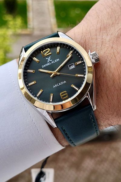 Daniel Klein Men's Wristwatch - Silver Cord and Green Dial, Gift Package with Calendar