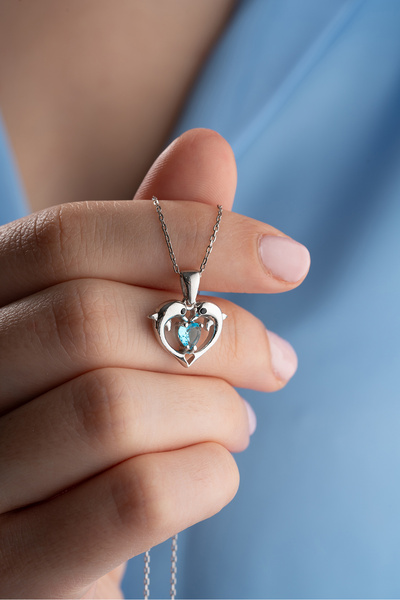 Nereze 925 Ayar Gümüş Rodyum Kaplama Aşık Yunuslar Mavi Kalp Model Kolye