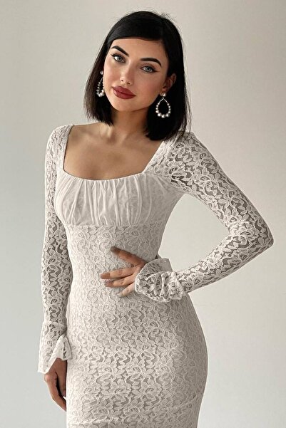 bayansepeti Новий сезон: вечірня сукня середньої довжини з тюлевими рукавами, квадратним коміром і збірками