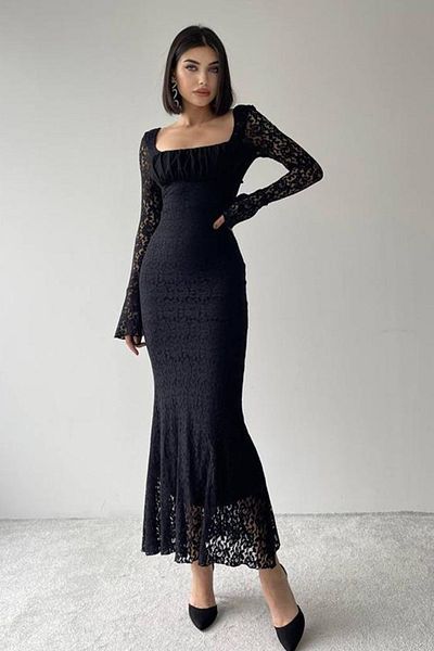 bayansepeti New Season Tulle Sleeve Midi Evening Dress - Women's Dress with Square Collar and Gathered Detail